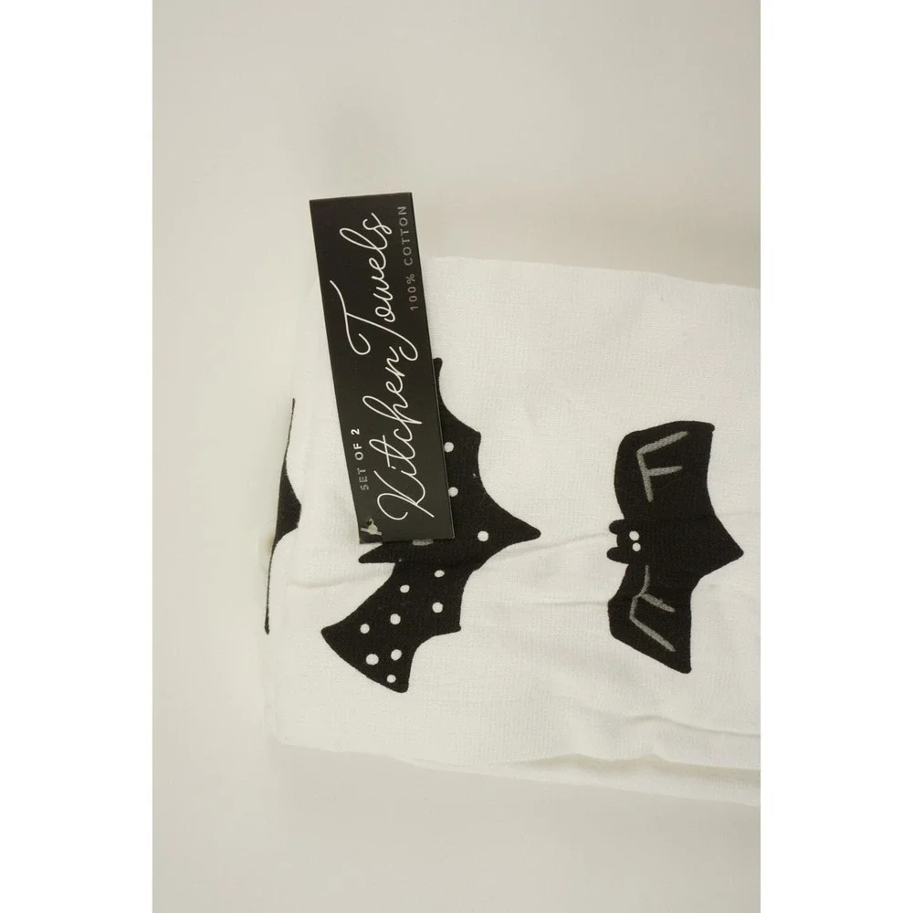 New Set of Two Come In For A Bite Halloween Kitchen Towels White Vampire Bat